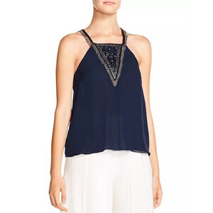 Haute Hippie Through The Looking Glass Silk Beaded Tank Camisole XS Navy Boho